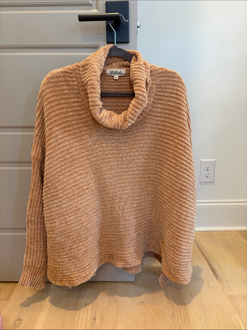 Listicle Camel Ribbed Cowl-Neck Sweater